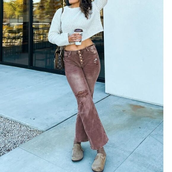 LookbookStore Brown High Waisted Distressed Flare Jeans - Picture 1 of 5